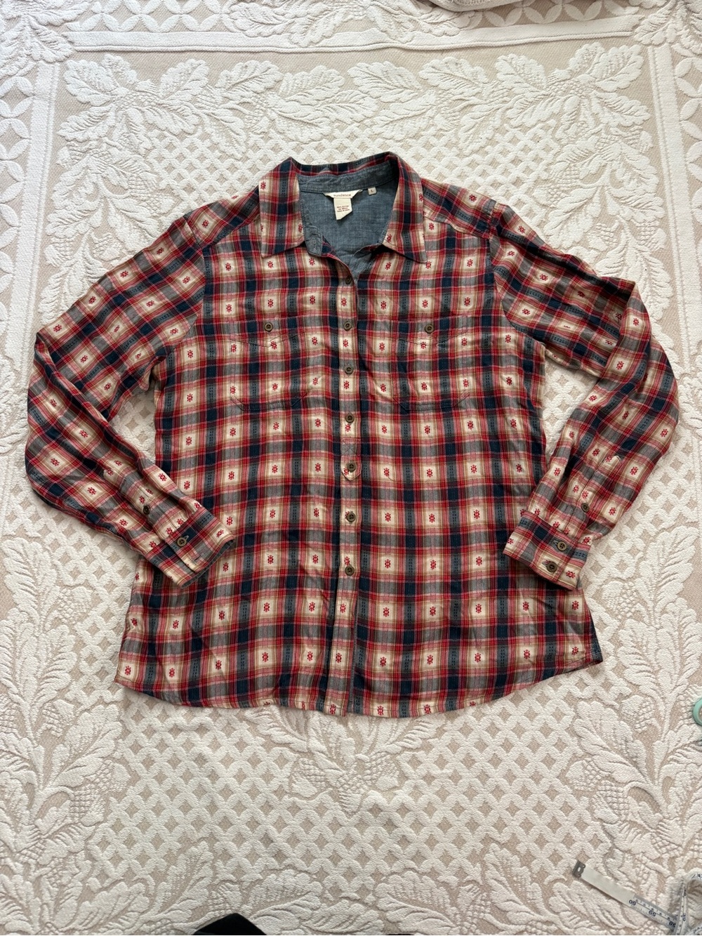 Sundance Plaid Geo Print Chambray Cotton Button Down Shirt L Westerncore Boho